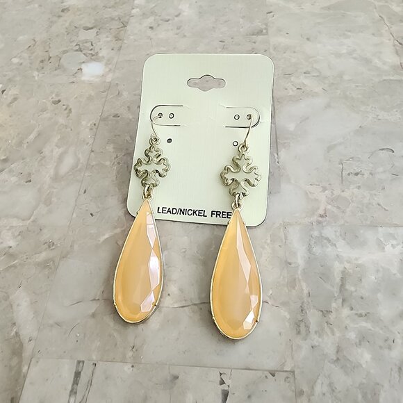 Stony Earrings with Peach-Colored Teardrops Dangling from Ornate Crosses - Picture 1 of 6